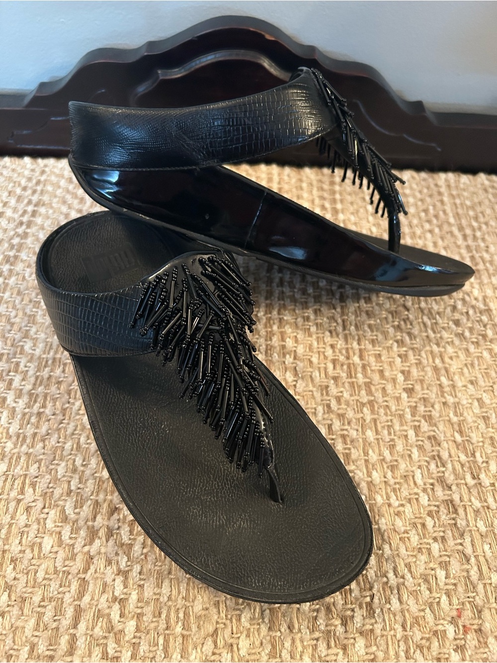 Fit Flop Cha Cha Sandal Black Women Size 7 Festive Fringe Preppy Resortwear